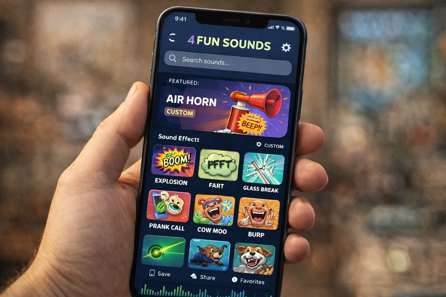 Modern smartphone displaying sleek fart soundboard application with advanced features and clean interface
