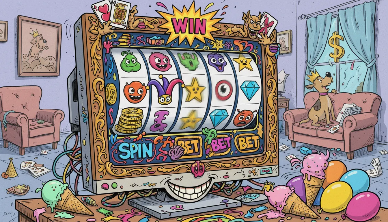 Computer screen displaying colorful online casino slot game interface with spinning reels
