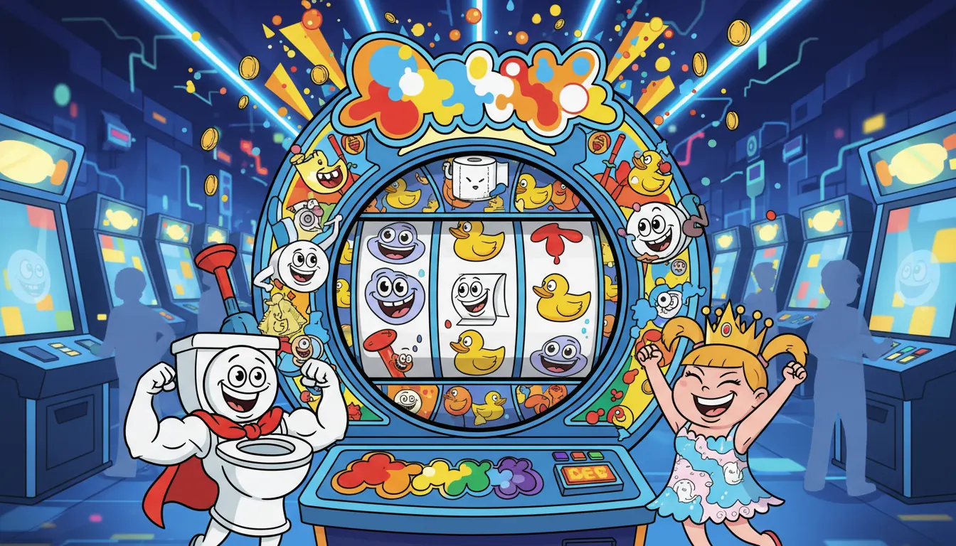 Cartoon characters in colorful arcade casino game displaying playful toilet humor elements