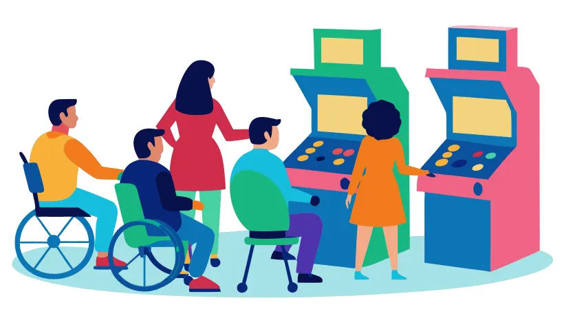 Diverse group of players enjoying accessible arcade casino games with toilet humor elements