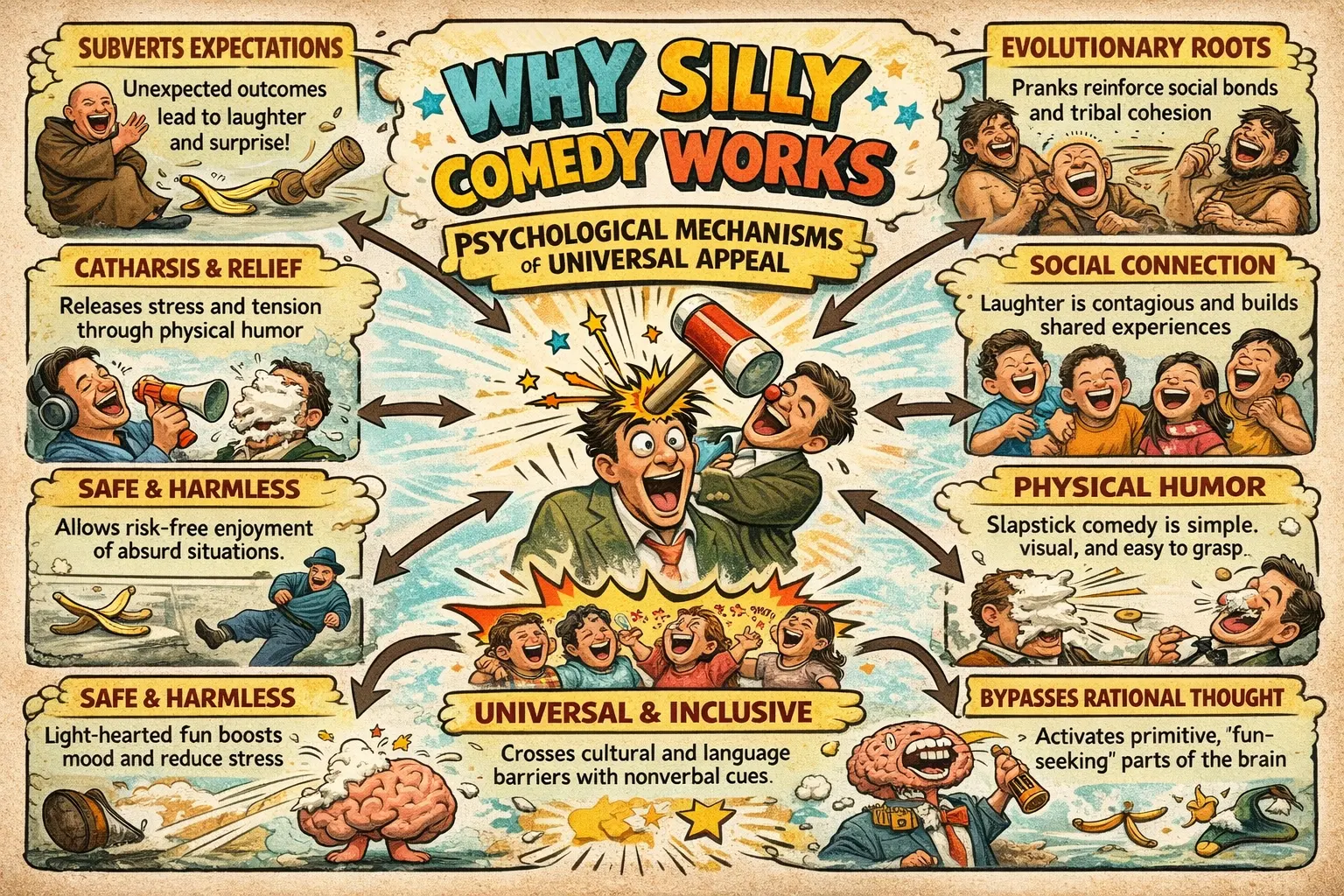 Diagram illustrating psychological mechanisms behind toilet humor effectiveness and universal appeal