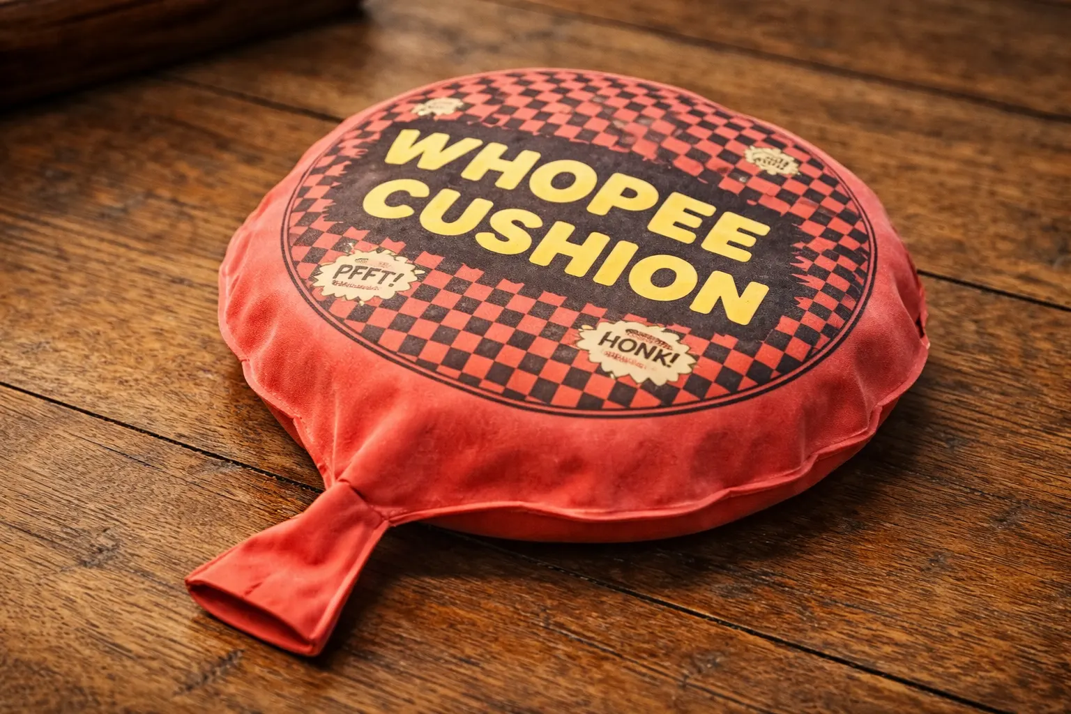 Classic red whoopee cushion novelty toy on a wooden surface